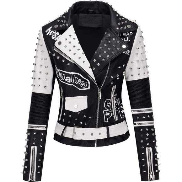 🆕 Women White Trendy Faux Leather Jacket Rivet Spring Winter Fashion Clothes - Picture 1 of 6